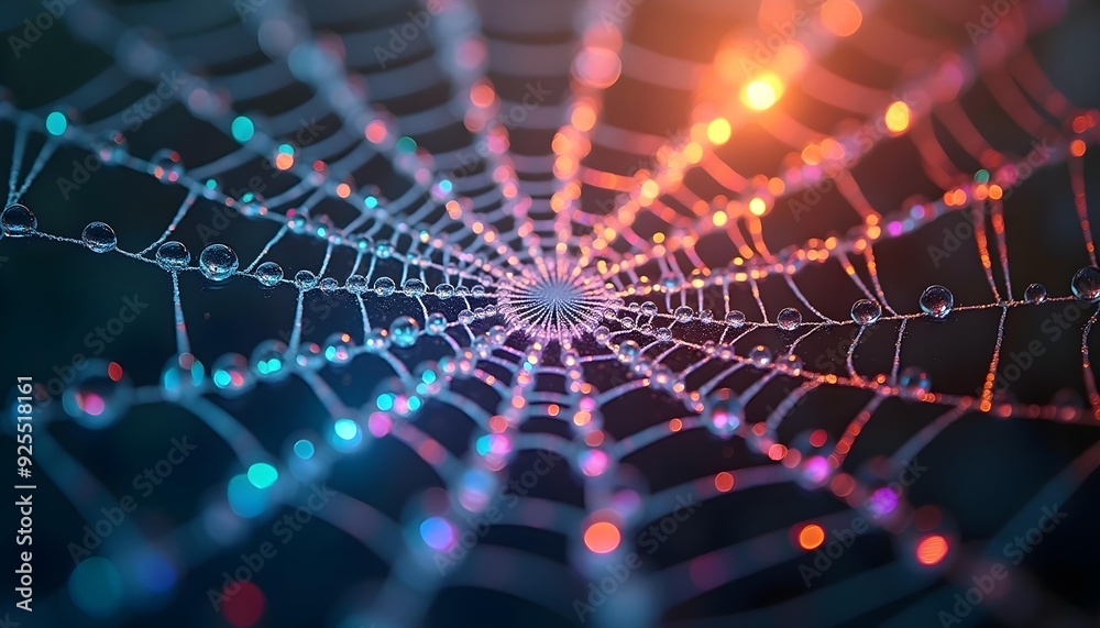 Wall mural a close-up view of a spider web with water droplets, illuminated by colorful lights creating a vibra