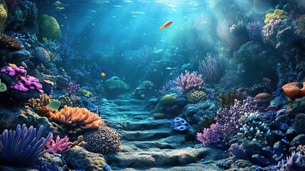 Obraz premium Vibrant coral reef with colorful fish and underwater light rays in a serene ocean environment