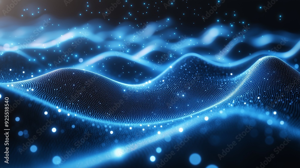 Poster blue digital waves with glowing particles create an abstract background in a dark setting