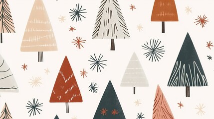 Whimsical winter forest pattern with various trees and decorative stars on a light background