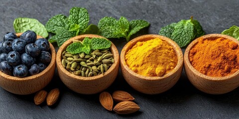 A vibrant arrangement of spices, seeds, and blueberries in wooden bowls showcasing natural ingredients for culinary delight
