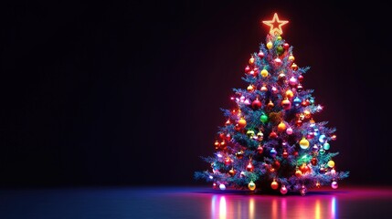 Colorful decorated Christmas tree with lights and ornaments in a dark room