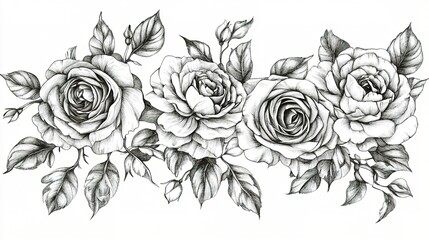 Detailed black and white illustration of four roses with leaves on a plain background