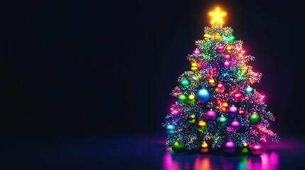 Vibrantly decorated Christmas tree with colorful ornaments and a star atop, set against a dark background