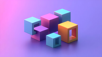 Colorful 3D cubes with cutout shapes on purple background.