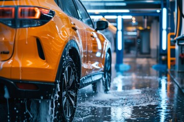 washing orange SUV car at automatic car wash