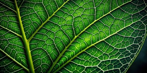 Close-up of detailed green leaf veins in dark natural setting, green, leaf, veins, close-up, detailed, dark, natural