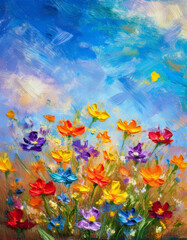 Oil painting of beautiful wild flowers, blue sky. Colorful brush strokes. Abstract floral
