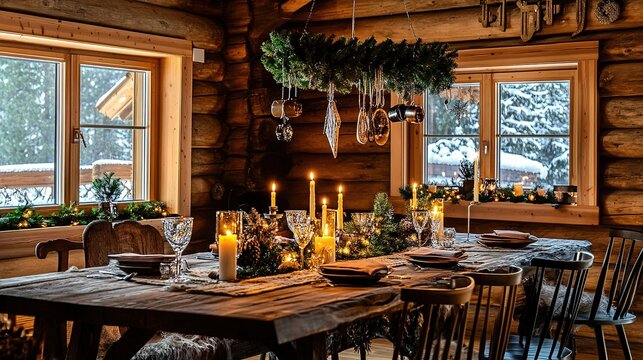 Cozy winter dining setup in a rustic log cabin with candlelight and festive decorations - Powered by Adobe