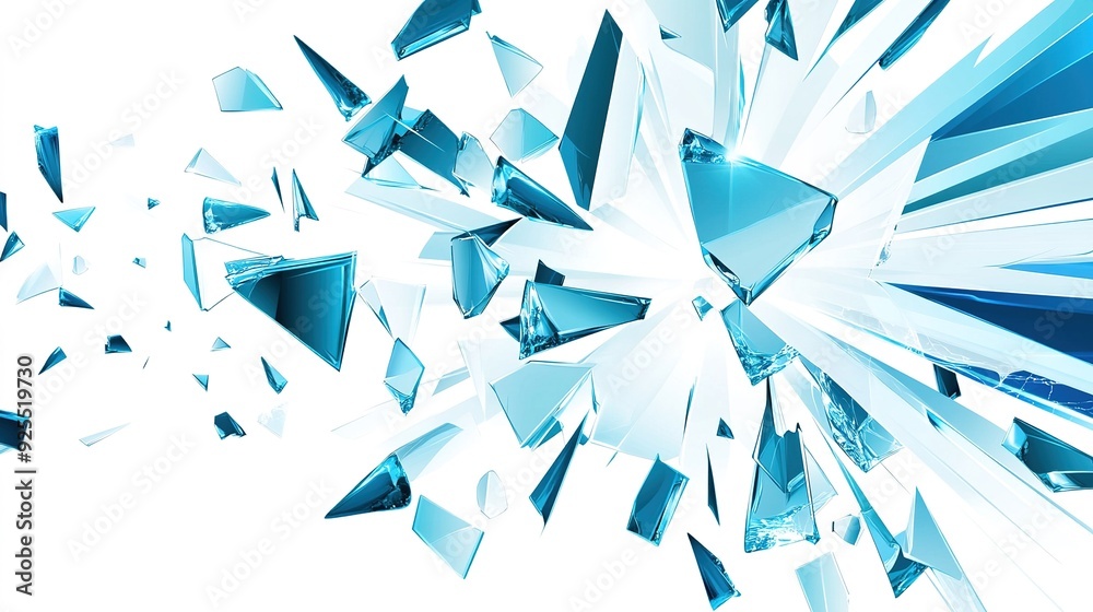 Poster shattered blue glass shards exploding in a dynamic display on a white background