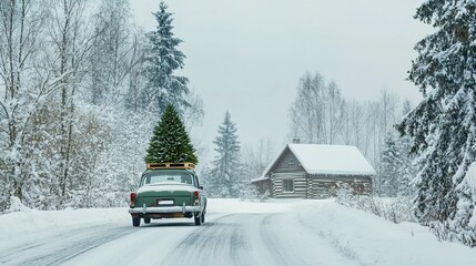 Classic car driving on a snowy road with a Christmas tree on top near a rustic cabin in winter