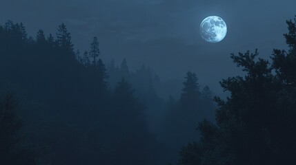 Naklejka premium A full moon illuminating a misty forest at night in serene tranquility