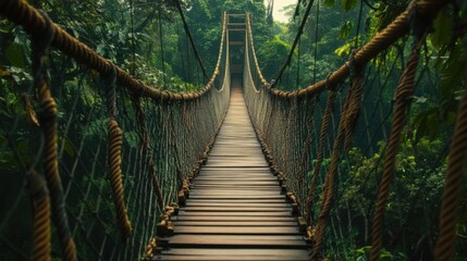 A wooden suspension bridge stretches through lush green rainforest, creating an adventurous and serene atmosphere.