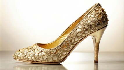 Obraz premium Golden high-heeled shoe with intricate lace detailing and sparkling embellishments, Gold, high heels, glamorous, fashion