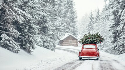 A red car driving down a snowy road with a Christmas tree on the roof near a cabin in winter