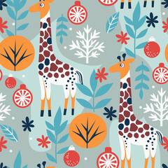 bright giraffes in the winter forest. seamless pattern