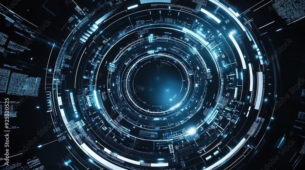 Poster abstract digital design of glowing circular patterns with luminous lines and data elements in a futu