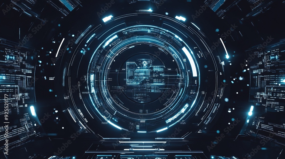 Poster futuristic digital interface with glowing blue circuits and data visualization in a dark space setti