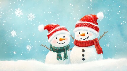 Cute Christmas snowman couple on a happy holiday card.