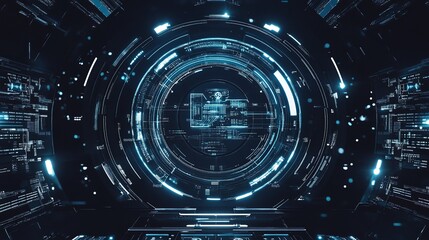 Obraz premium Futuristic digital interface with glowing blue circuits and data visualization in a dark space setting