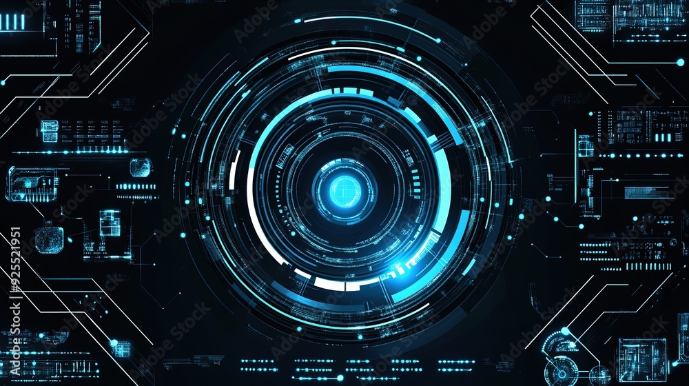 Poster futuristic digital interface with glowing blue circular designs and data patterns in a dark backgrou