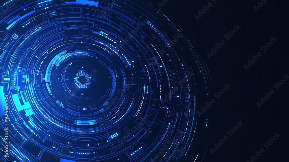 Poster abstract blue digital background with circular patterns and glowing lines