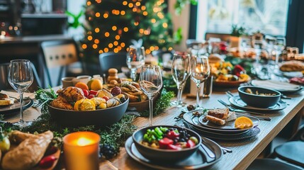 Festive holiday dining setup with a variety of dishes, surrounded by Christmas decorations and lights in a cozy atmosphere