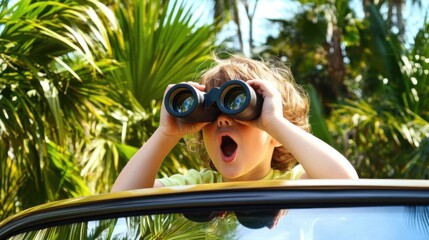 A child peeking through binoculars while standing in a car amidst lush green palm trees.
