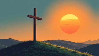 cristian cross on top of a green hill at sunset, ai