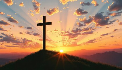 Obraz premium cristian cross on top of a green hill at sunset, ai