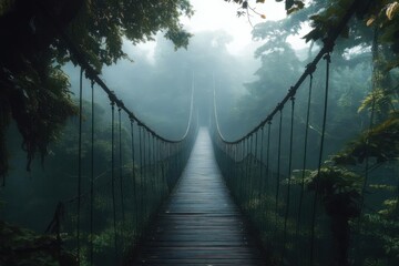 Fototapeta premium A suspension bridge covered in mist stretches through a dense, green forest creating a mystical atmosphere.