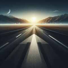 Obraz premium Long asphalt road with an arrow going into the horizon, transparent background, detailed cinematic style 