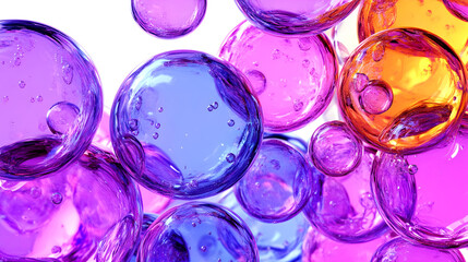 Colorful translucent bubbles in various shades floating against a light background.