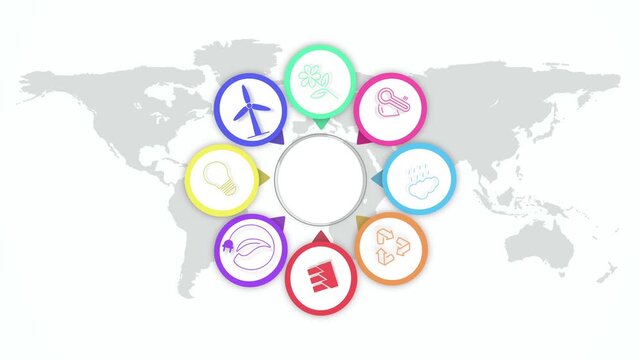 Green energy, environment and abstract with icon by world for eco friendly, renewable and power. Carbon neutral, animation and circle graphic with symbol for recycling, ecology or global conservation