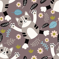 cheerful striped cat on a background of flowers. seamless pattern