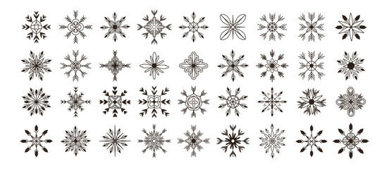 Set of snowflakes in line art style. Line. New Year and holiday. Stroke. Vector illustration. Xmas. Sparks and glows. Shapes and elements. Ornament and pattern. Template. Isolated.