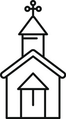 Simple line art illustration of a church building with a cross on top, symbolizing faith and spirituality