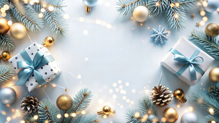Christmas and New Year background with fir branches, gift boxes and snowflakes. Flat lay, top view.