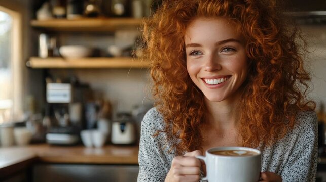 Happy young red-haired woman with cup of coffee in her hands in the kitchen of her home