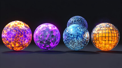 Four glowing spheres with different textures and colors on a black background.
