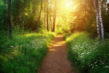 Obraz premium A serene forest path bathed in golden sunlight, surrounded by lush greenery and trees.