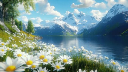 Mountain Lake with Daisies