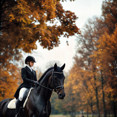 Fototapeta premium Young woman riding her horse in autumn forest