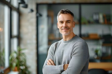 Obraz premium Mature, businessman and arms crossed portrait with law firm, attorney agency or manager for goals. Happy lawyer, professional company employee and worker in modern office, proud and consultant smile