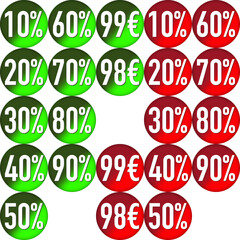 Discount label green, red, 10, 20, 30, 40, 50, 60, 70, 80, 90, 99 euros, 98 euros, promotion, sticker
