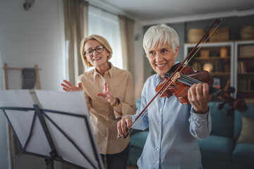 Private music teacher give violin lesson mature senior woman at home