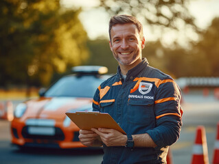 Driving instructor smiling holding clipboard with sports car in the background