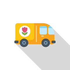 Fototapeta premium Yellow delivery truck delivering flowers, with long shadow