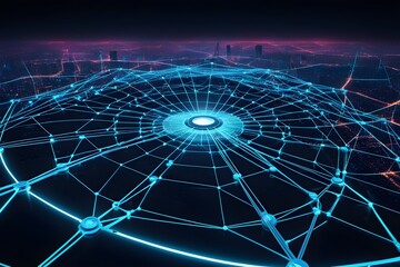 A blue and purple cityscape with a large, glowing circle in the center