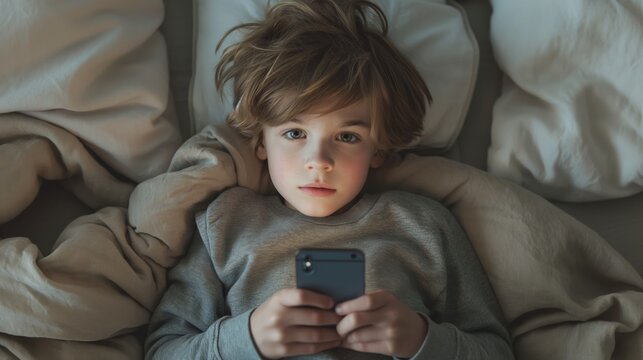Boy using smartphone while lying on bed at home